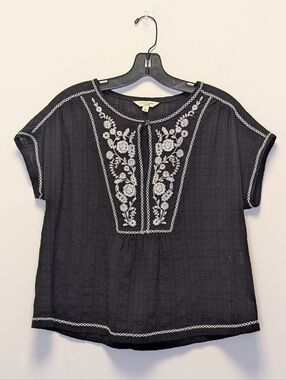 Max Studio London Embroidered Boho Blouse Black White Floral Top XS